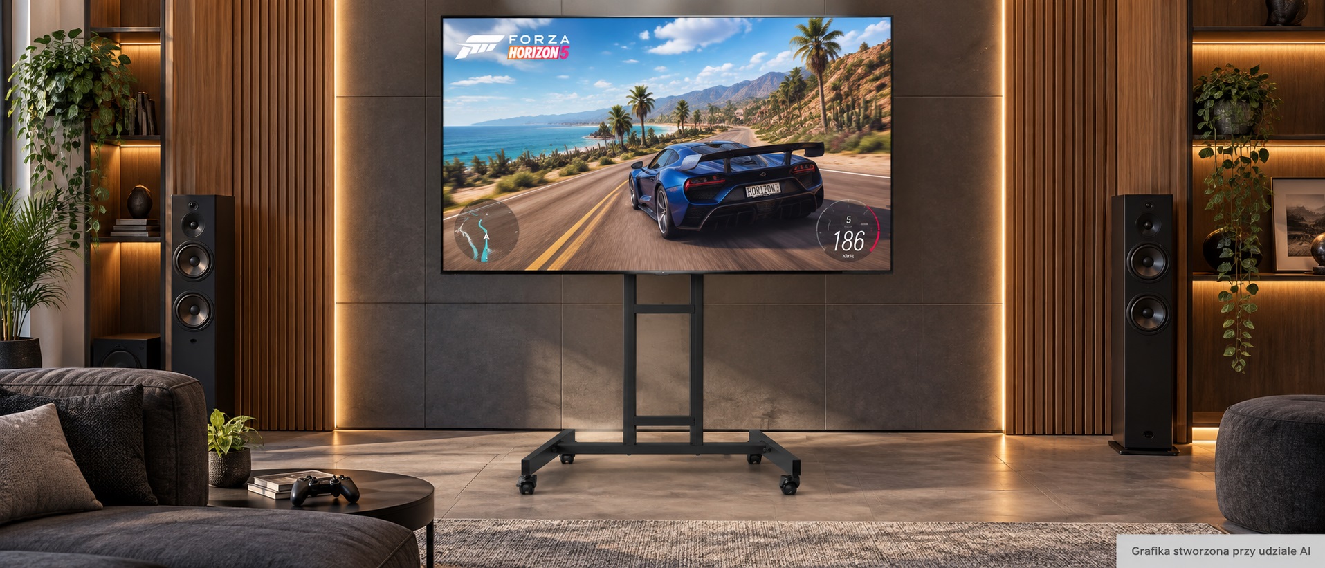 Strefa nowoczesnego kina domowego z TV na stojaku mobilnym Techly
